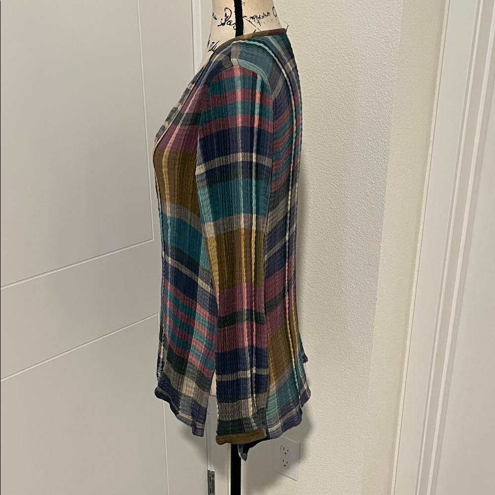 Soft Surroundings Multicolor Gauze Cotton Plaid V-Neck Top Boho Office Casual - Picture 5 of 13